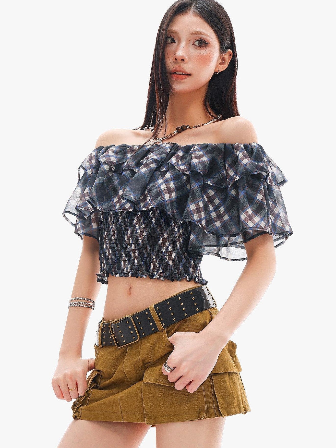 QIUQIU STUDIO Blue Plaid Ruffle Straight Neck Slim Fit Cropped Women&