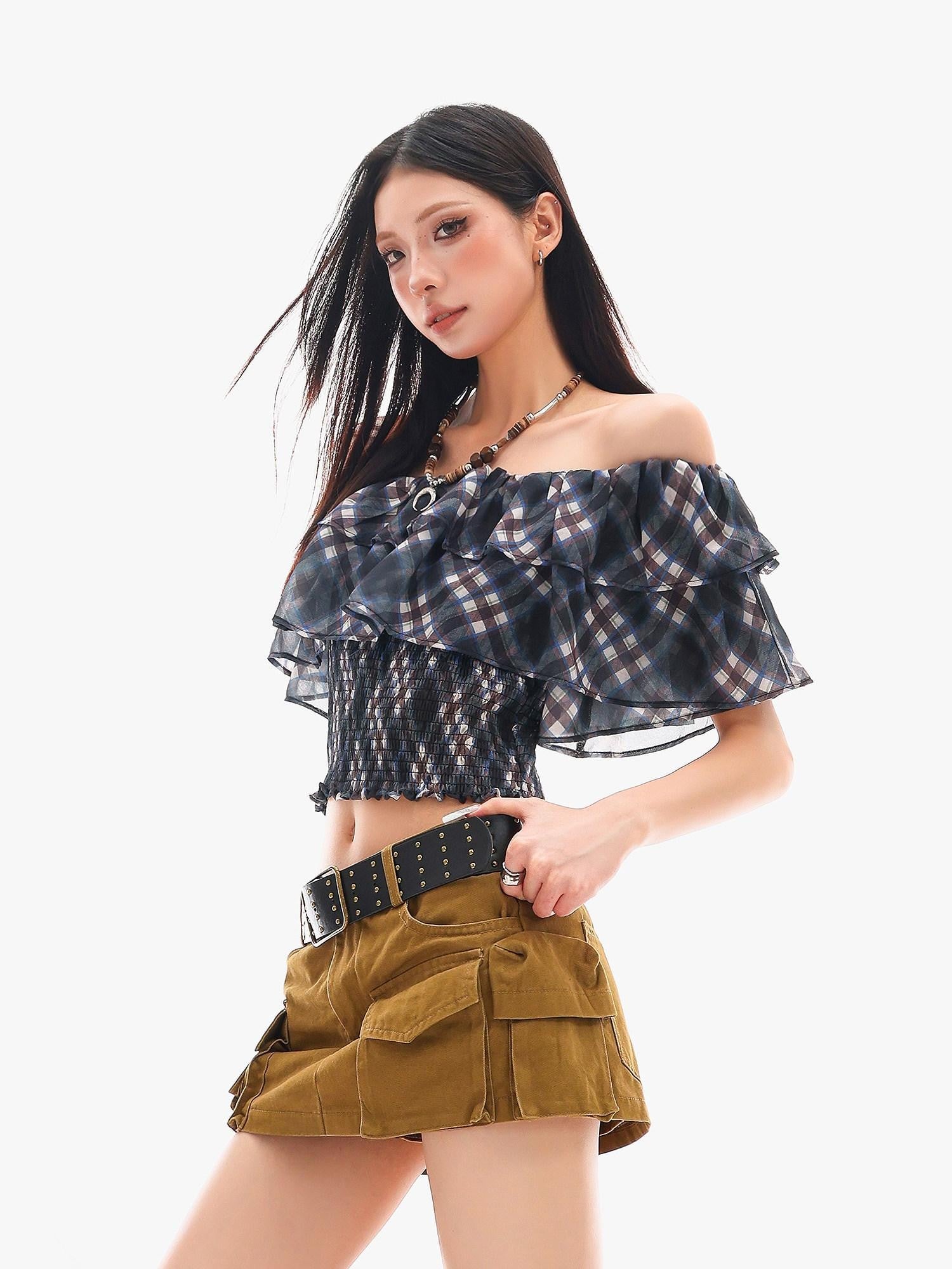 QIUQIU STUDIO Blue Plaid Ruffle Straight Neck Slim Fit Cropped Women&