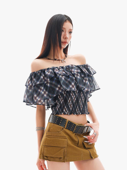 QIUQIU STUDIO Blue Plaid Ruffle Straight Neck Slim Fit Cropped Women&