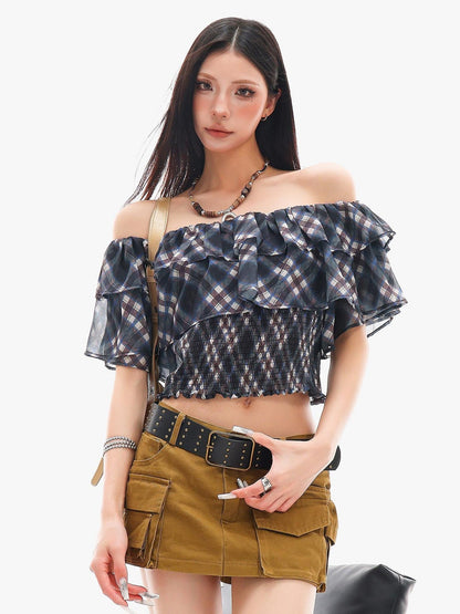QIUQIU STUDIO Blue Plaid Ruffle Straight Neck Slim Fit Cropped Women&