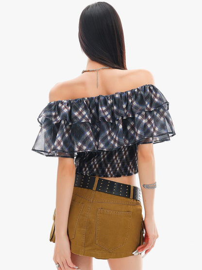 QIUQIU STUDIO Blue Plaid Ruffle Straight Neck Slim Fit Cropped Women&