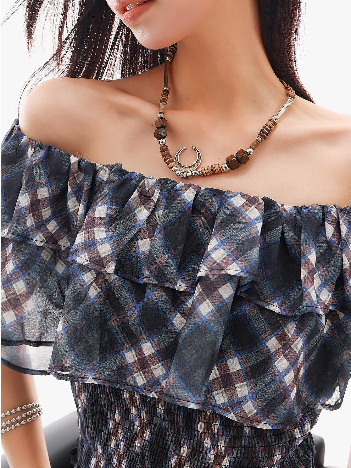 QIUQIU STUDIO Blue Plaid Ruffle Straight Neck Slim Fit Cropped Women&