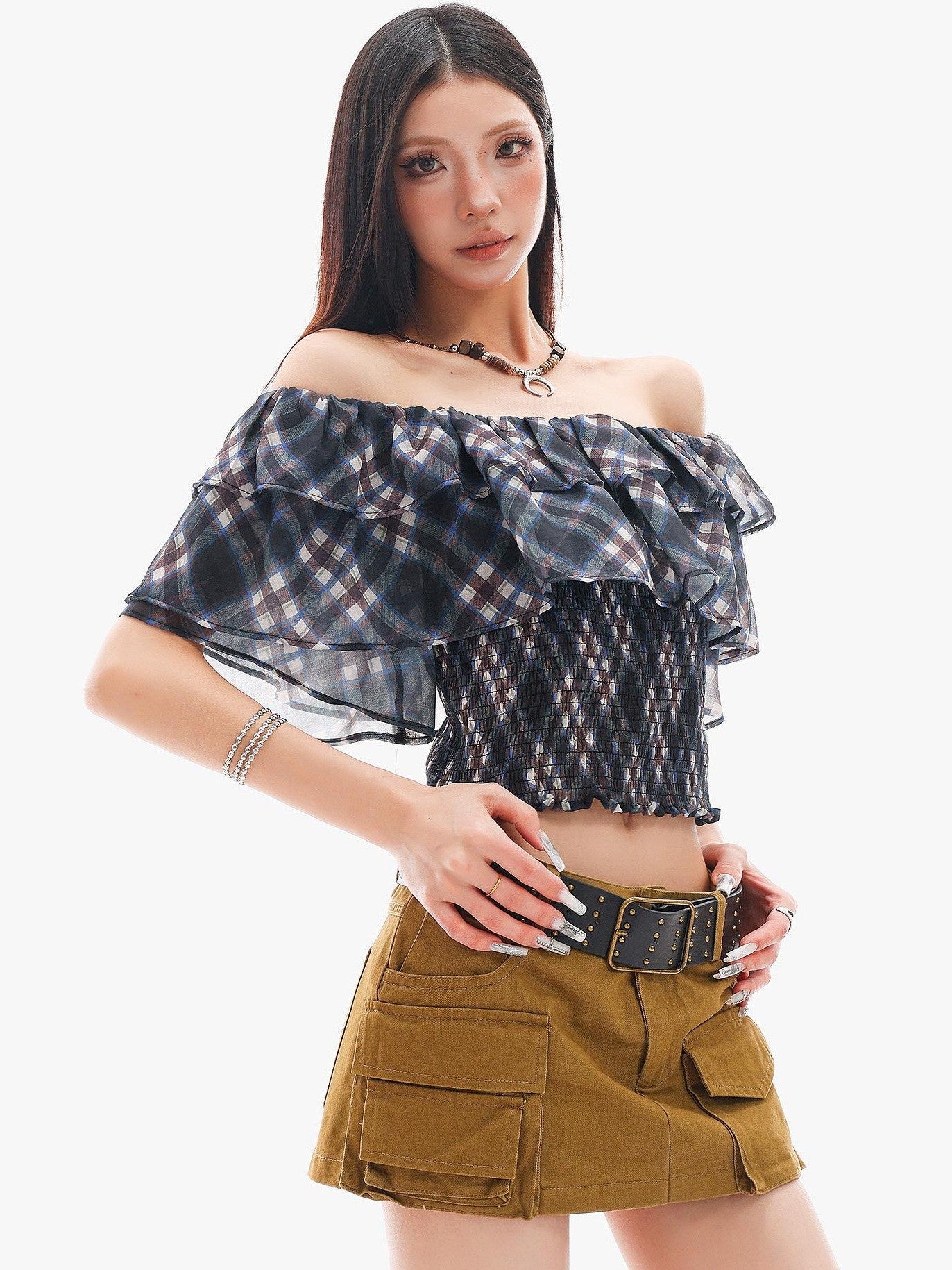 QIUQIU STUDIO Blue Plaid Ruffle Straight Neck Slim Fit Cropped Women&