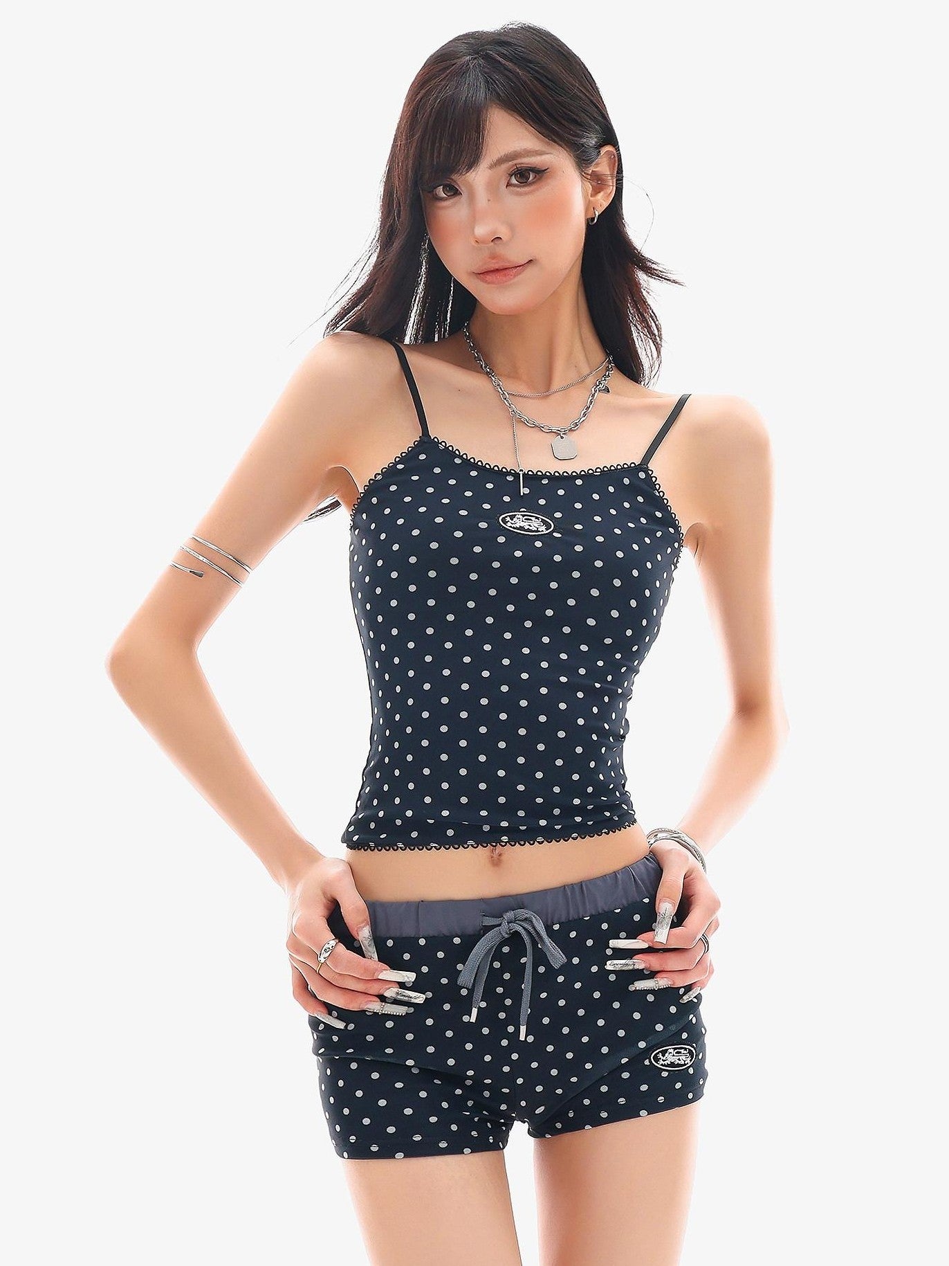 QIUQIU STUDIO Blue Polka Dot Printed U Neck Slim Cropped Women&