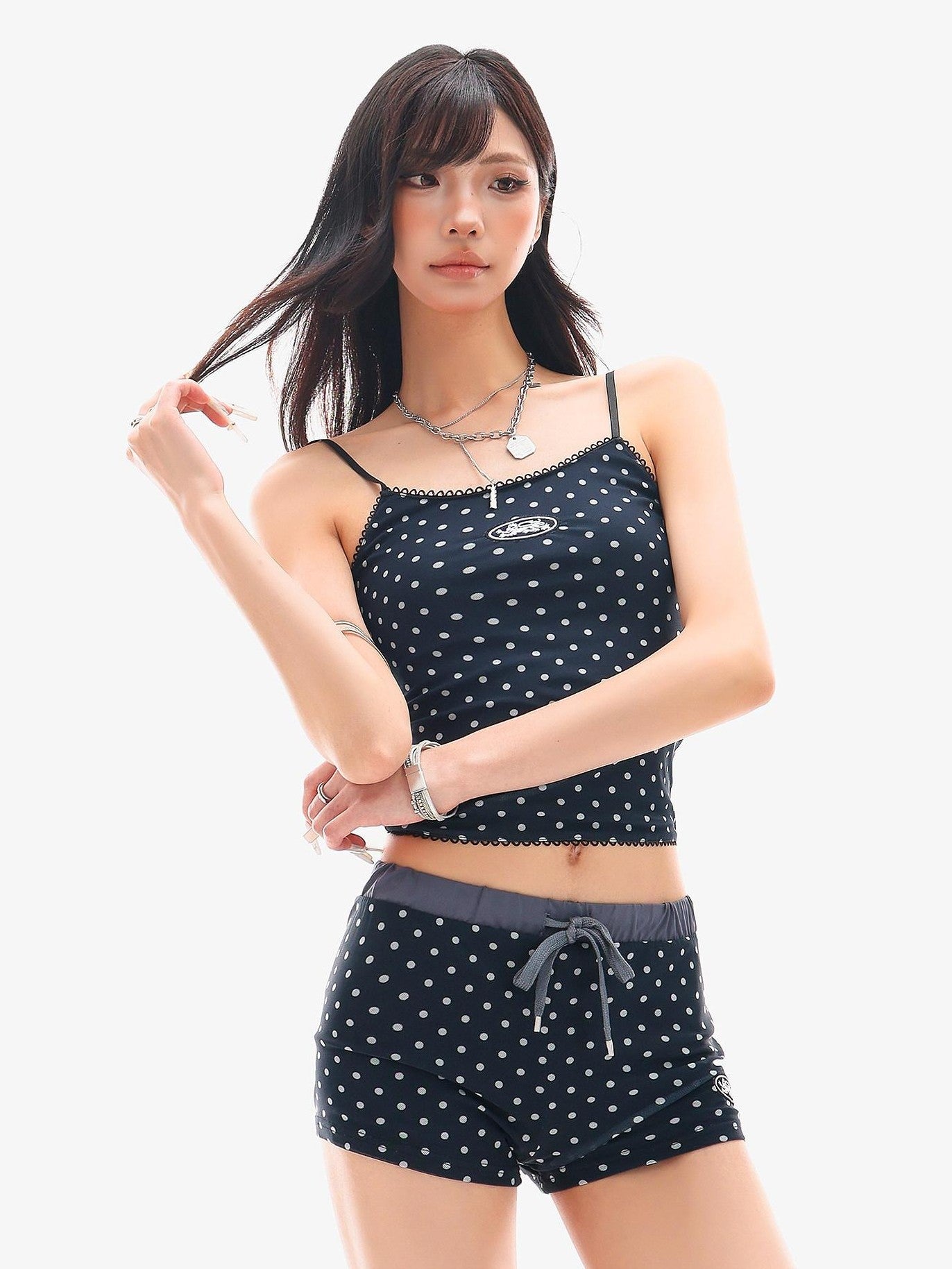 QIUQIU STUDIO Blue Polka Dot Printed U Neck Slim Cropped Women&