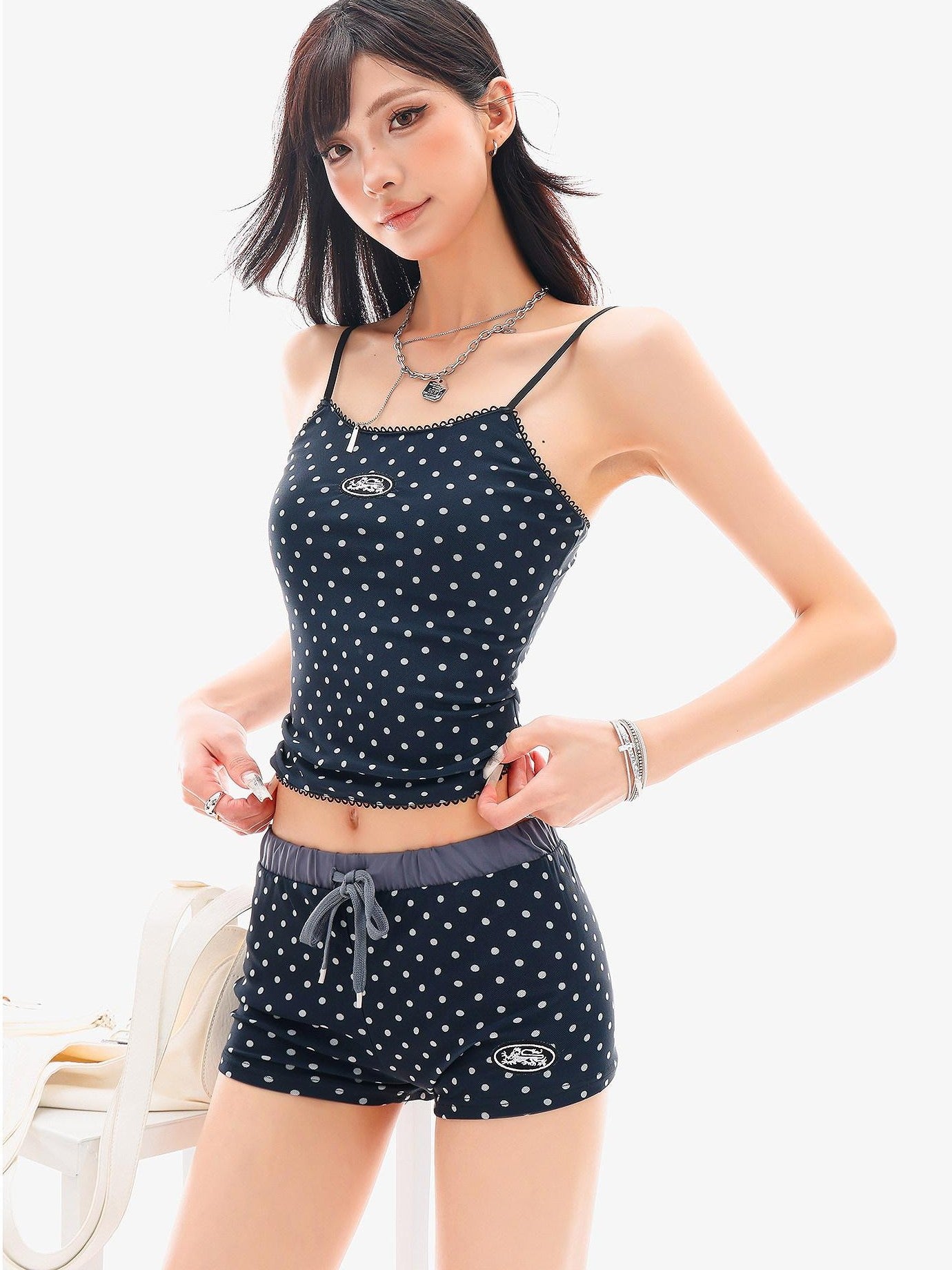QIUQIU STUDIO Blue Polka Dot Printed U Neck Slim Cropped Women&