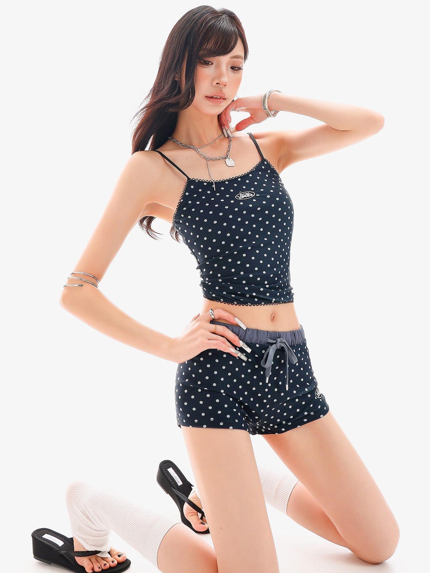 QIUQIU STUDIO Blue Polka Dot Printed U Neck Slim Cropped Women&