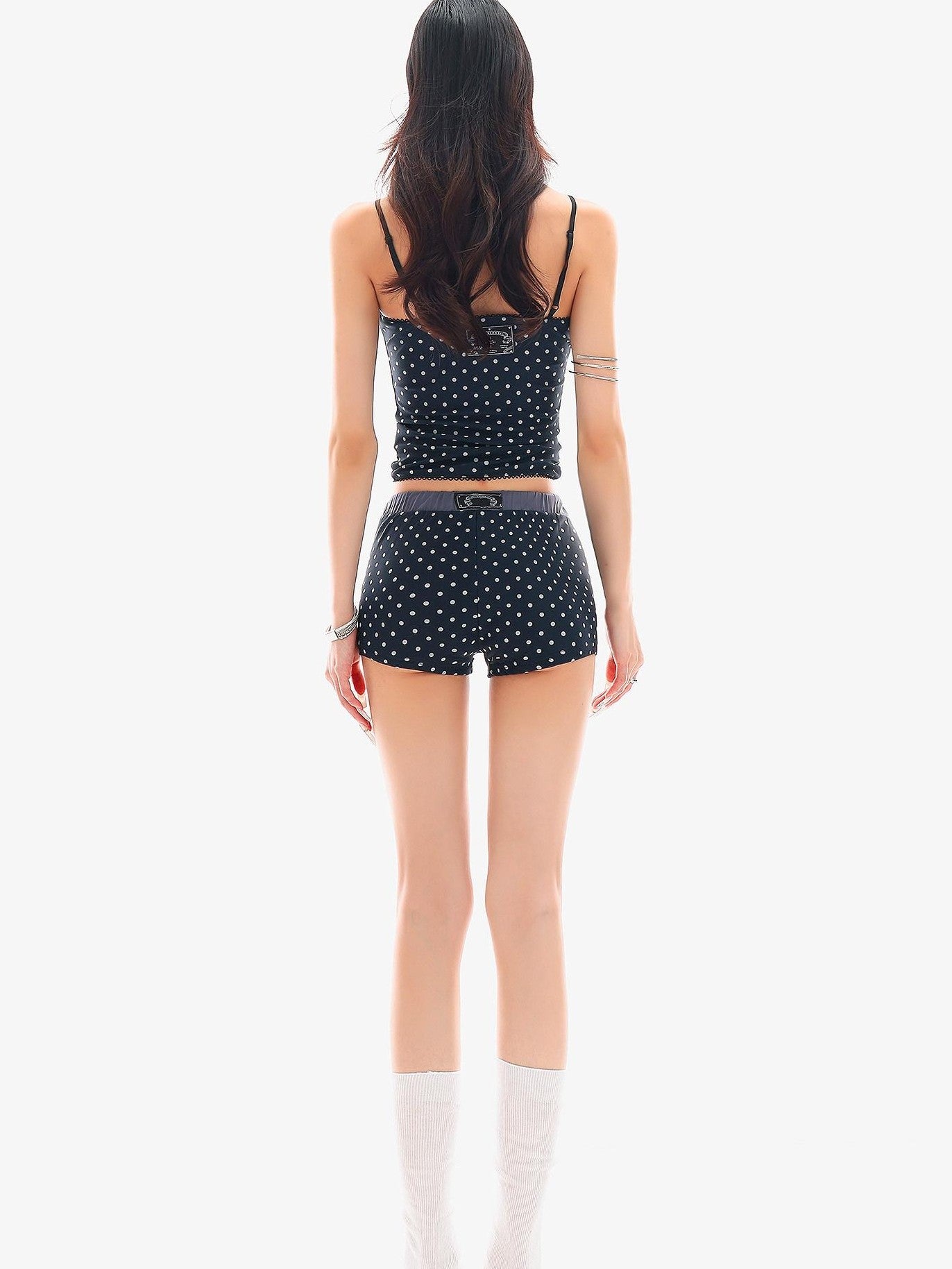 QIUQIU STUDIO Blue Polka Dot Printed U Neck Slim Cropped Women&