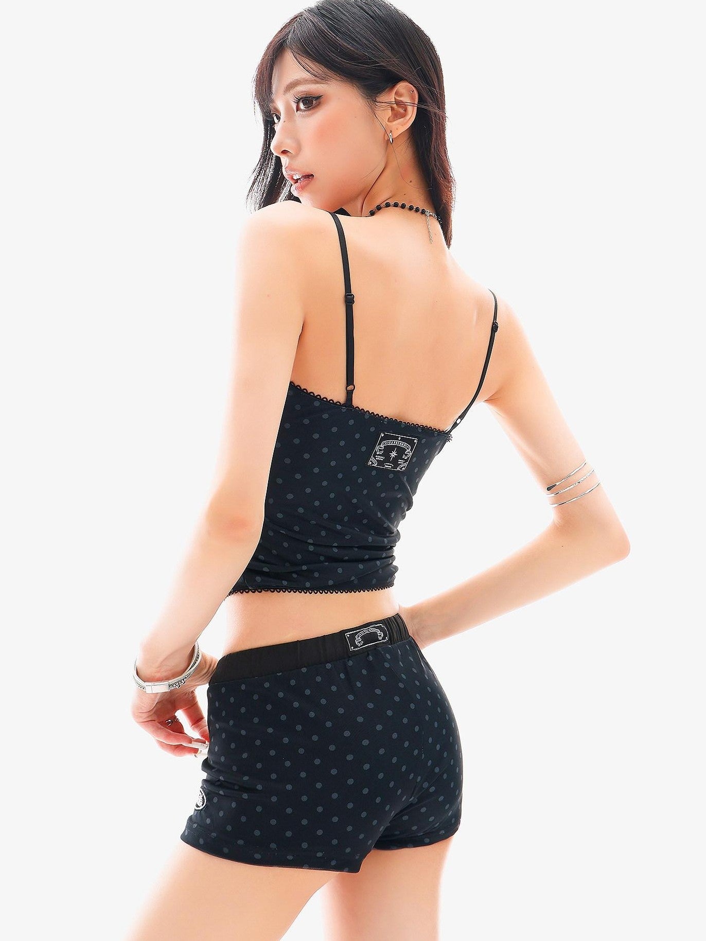 QIUQIU STUDIO Blue Polka Dot Printed U Neck Slim Cropped Women&