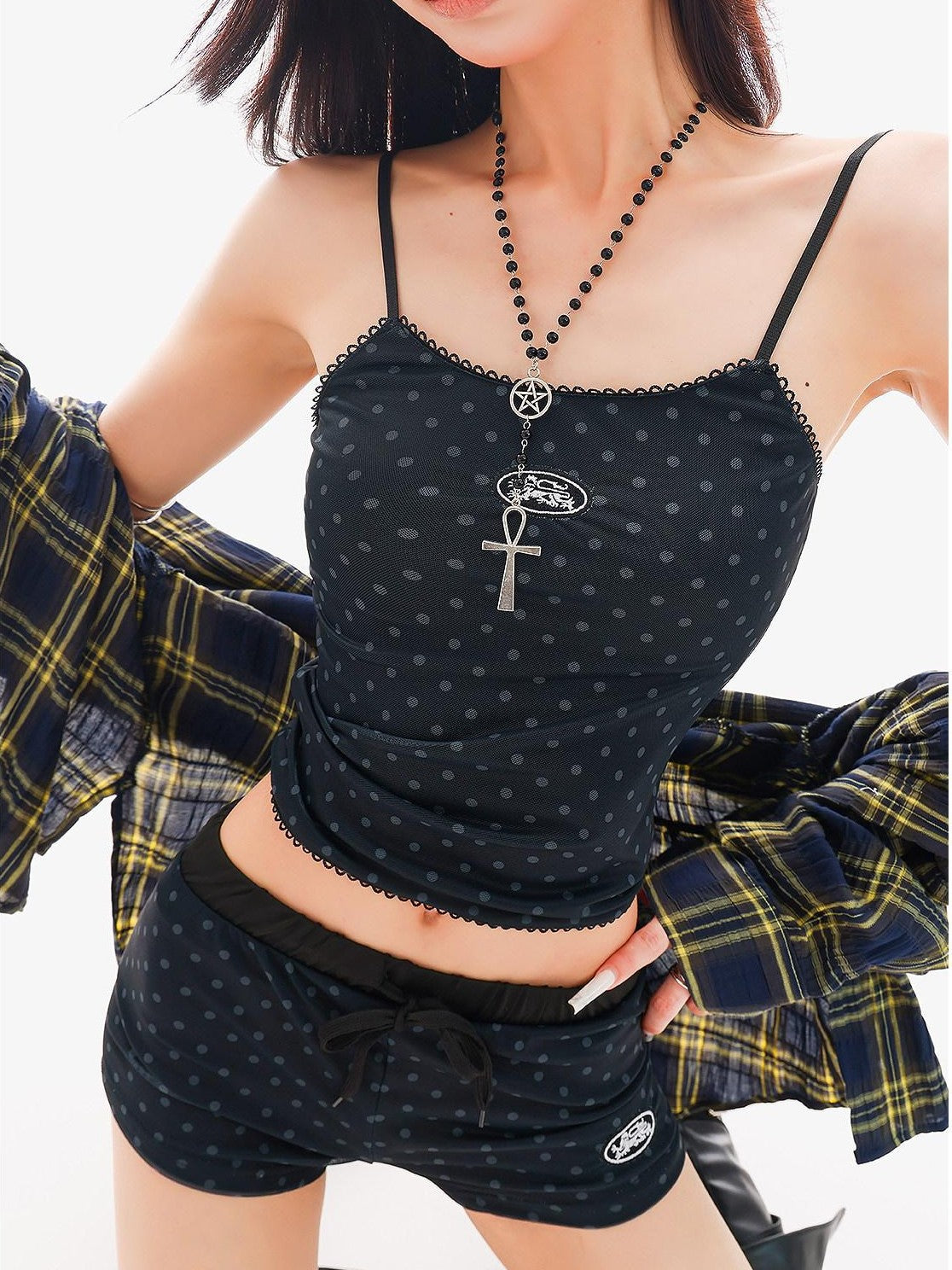 QIUQIU STUDIO Blue Polka Dot Printed U Neck Slim Cropped Women&