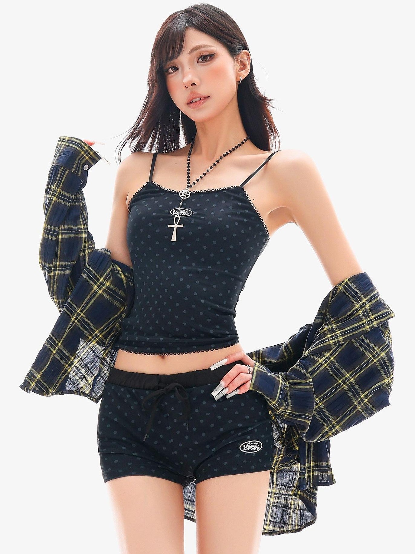 QIUQIU STUDIO Blue Polka Dot Printed U Neck Slim Cropped Women&