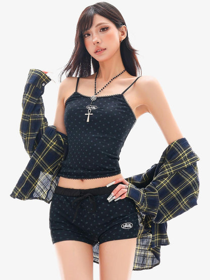 QIUQIU STUDIO Blue Polka Dot Printed U Neck Slim Cropped Women&