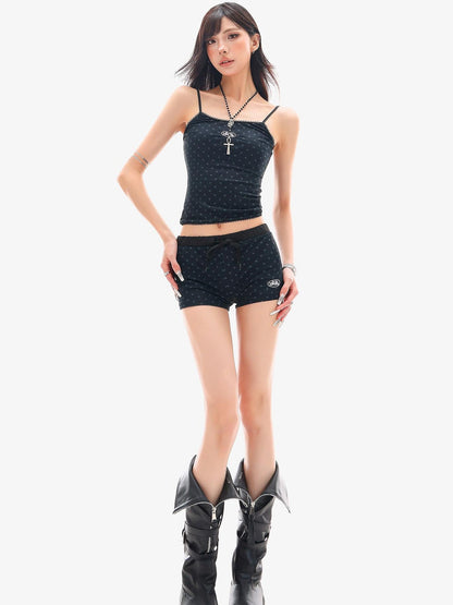QIUQIU STUDIO Blue Polka Dot Printed U Neck Slim Cropped Women&