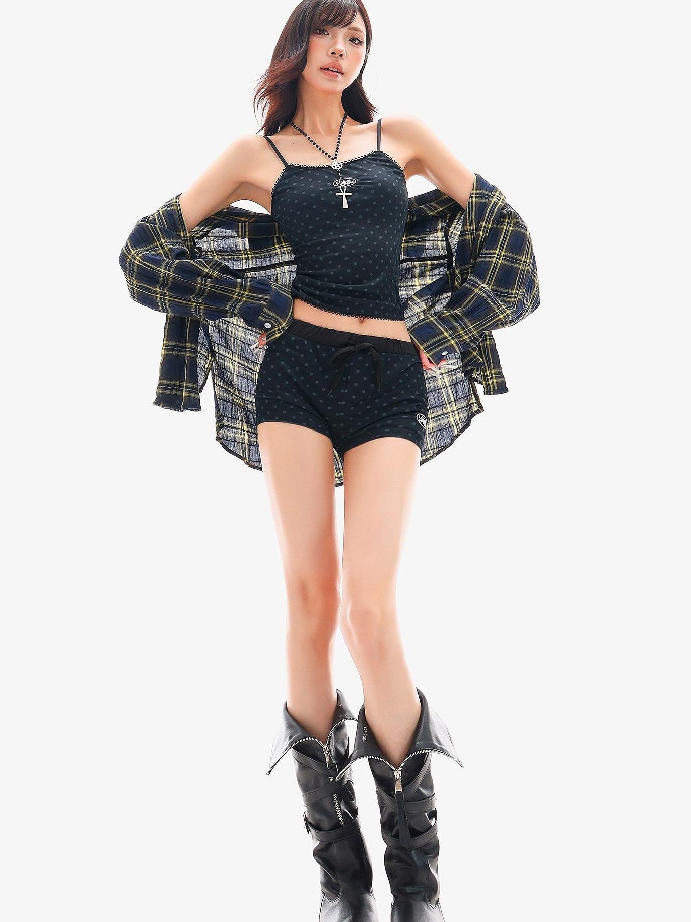 QIUQIU STUDIO Blue Polka Dot Printed U Neck Slim Cropped Women&