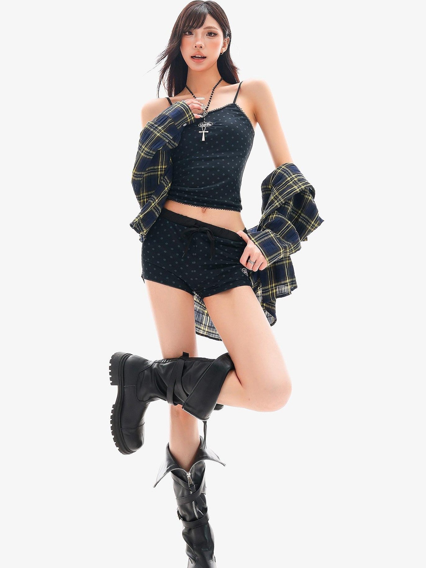 QIUQIU STUDIO Blue Polka Dot Printed U Neck Slim Cropped Women&