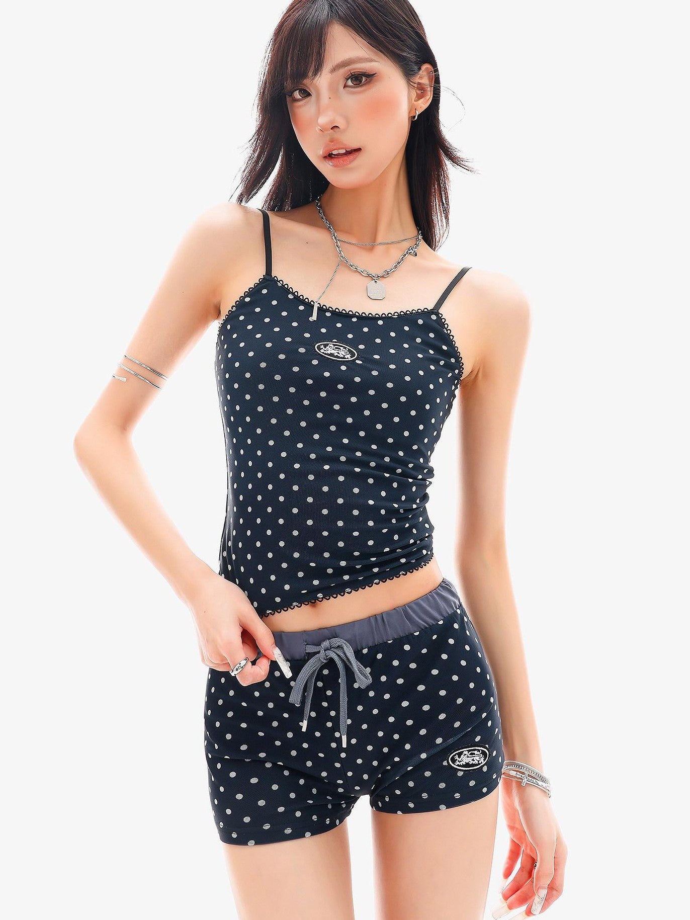 QIUQIU STUDIO Blue Polka Dot Printed U Neck Slim Cropped Women&