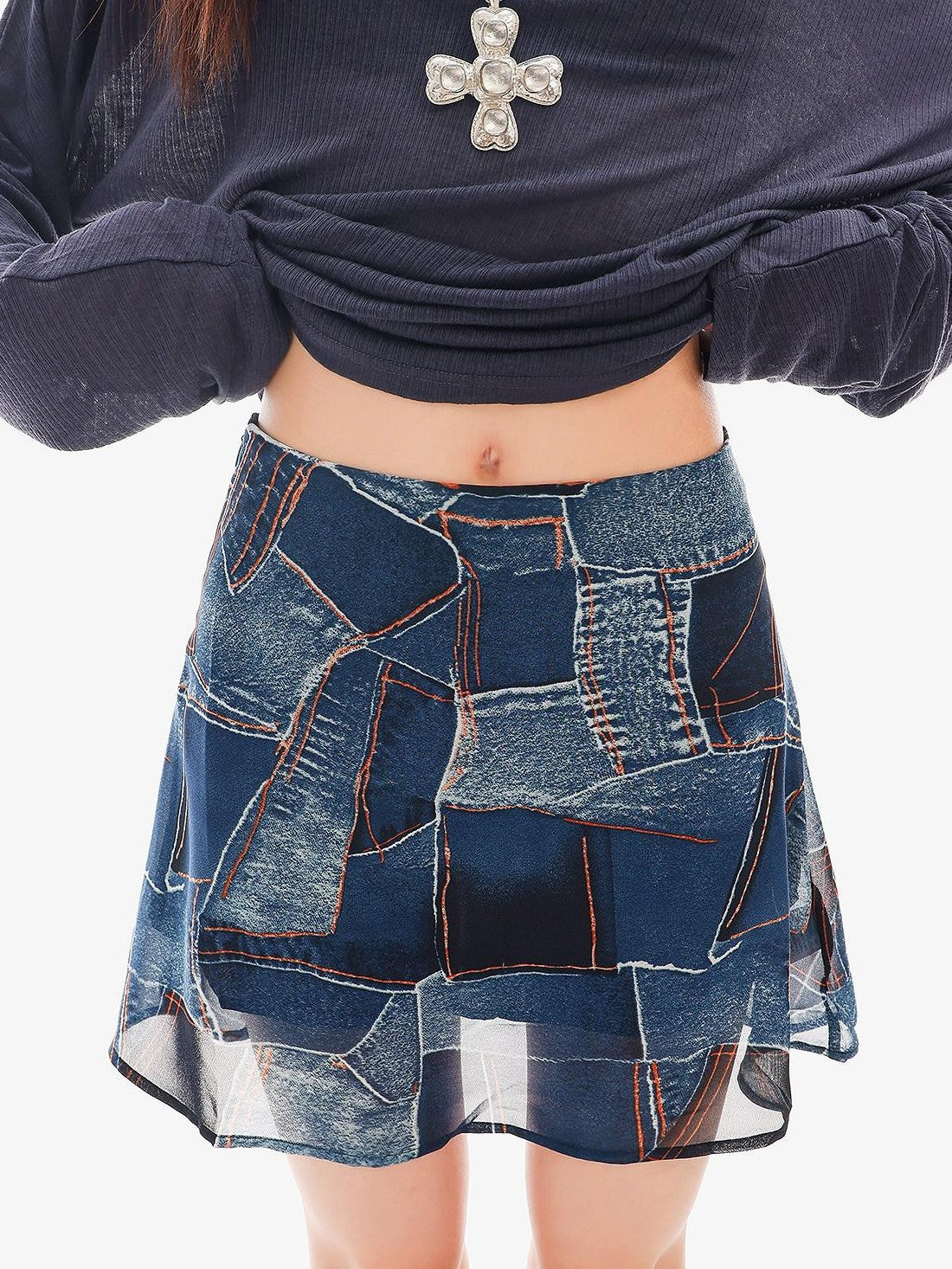 QIUQIU STUDIO Blue Sexy Printed A Line Slimming Mid Waist Lined Women&