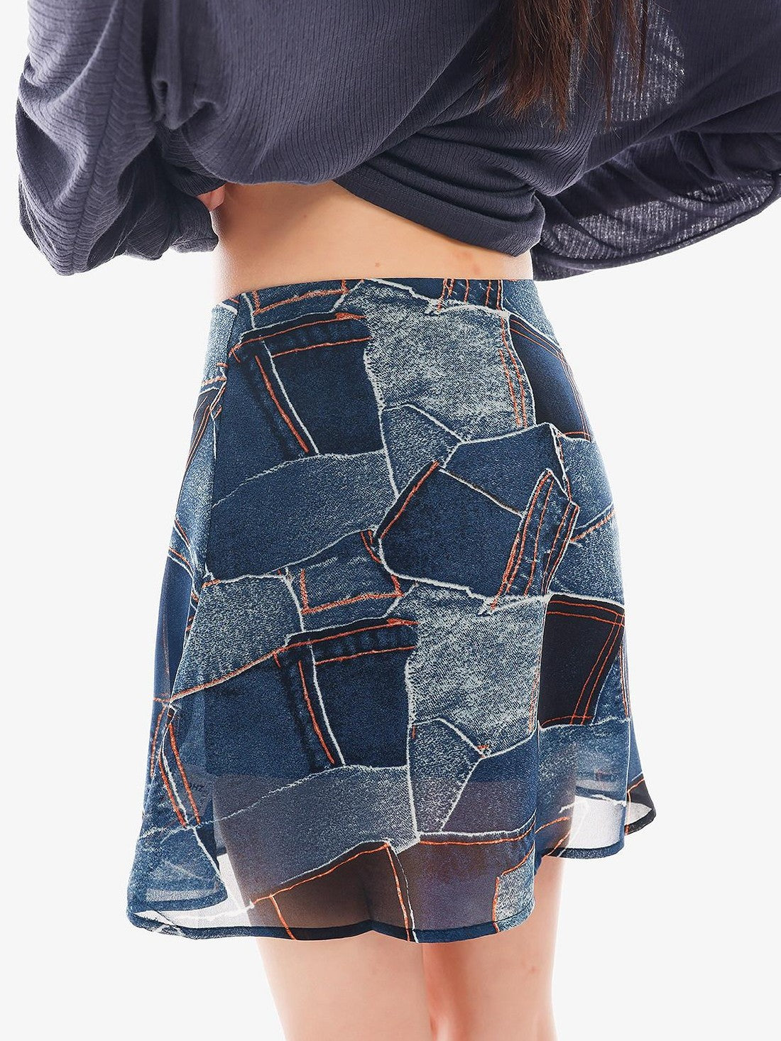 QIUQIU STUDIO Blue Sexy Printed A Line Slimming Mid Waist Lined Women&