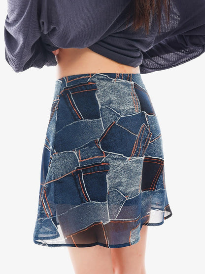 QIUQIU STUDIO Blue Sexy Printed A Line Slimming Mid Waist Lined Women&