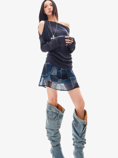 QIUQIU STUDIO Blue Sexy Printed A Line Slimming Mid Waist Lined Women&