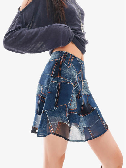 QIUQIU STUDIO Blue Sexy Printed A Line Slimming Mid Waist Lined Women&