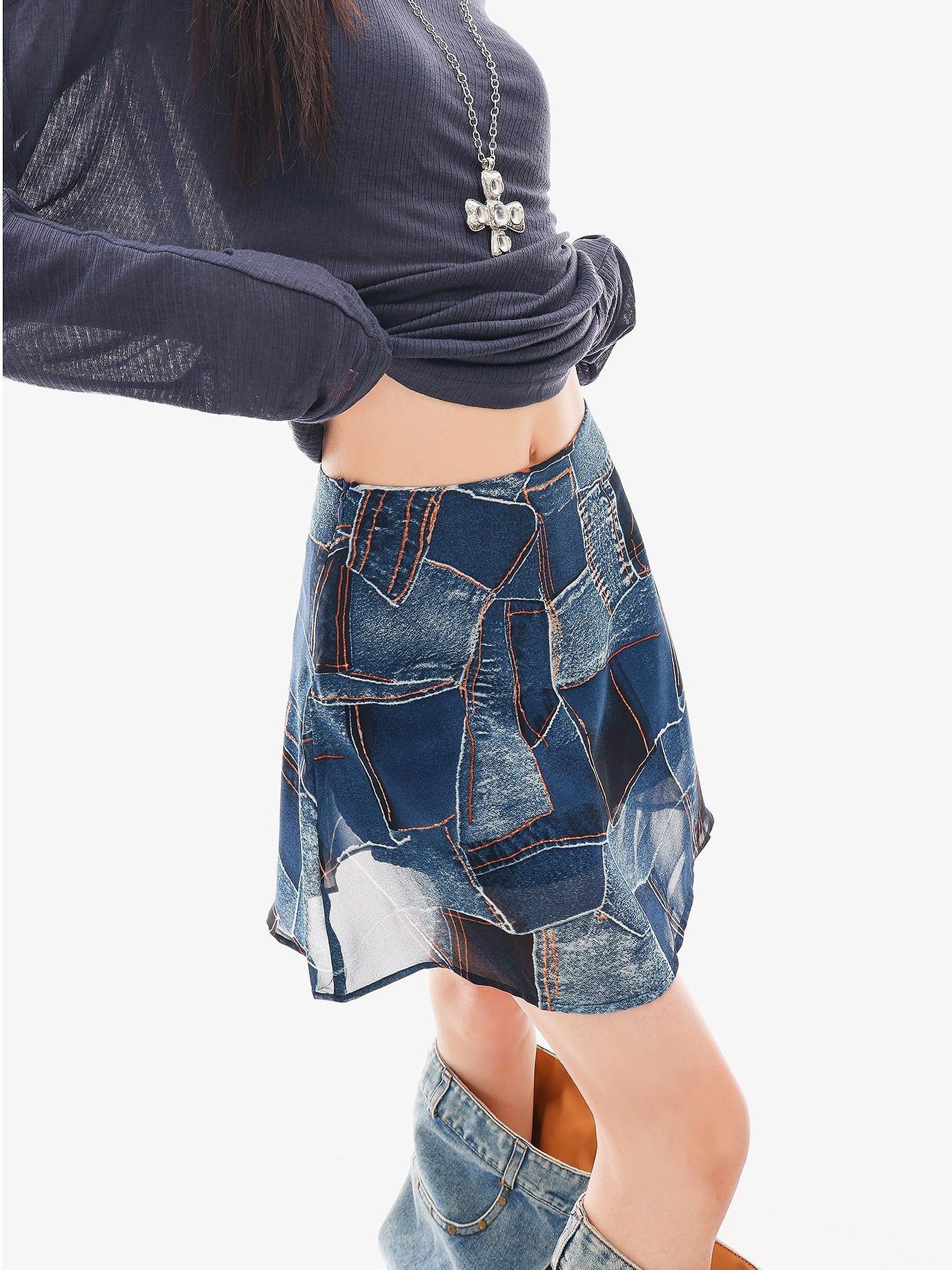QIUQIU STUDIO Blue Sexy Printed A Line Slimming Mid Waist Lined Women&
