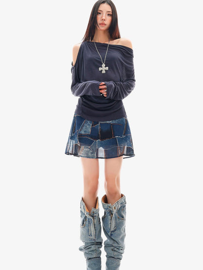QIUQIU STUDIO Blue Sexy Printed A Line Slimming Mid Waist Lined Women&