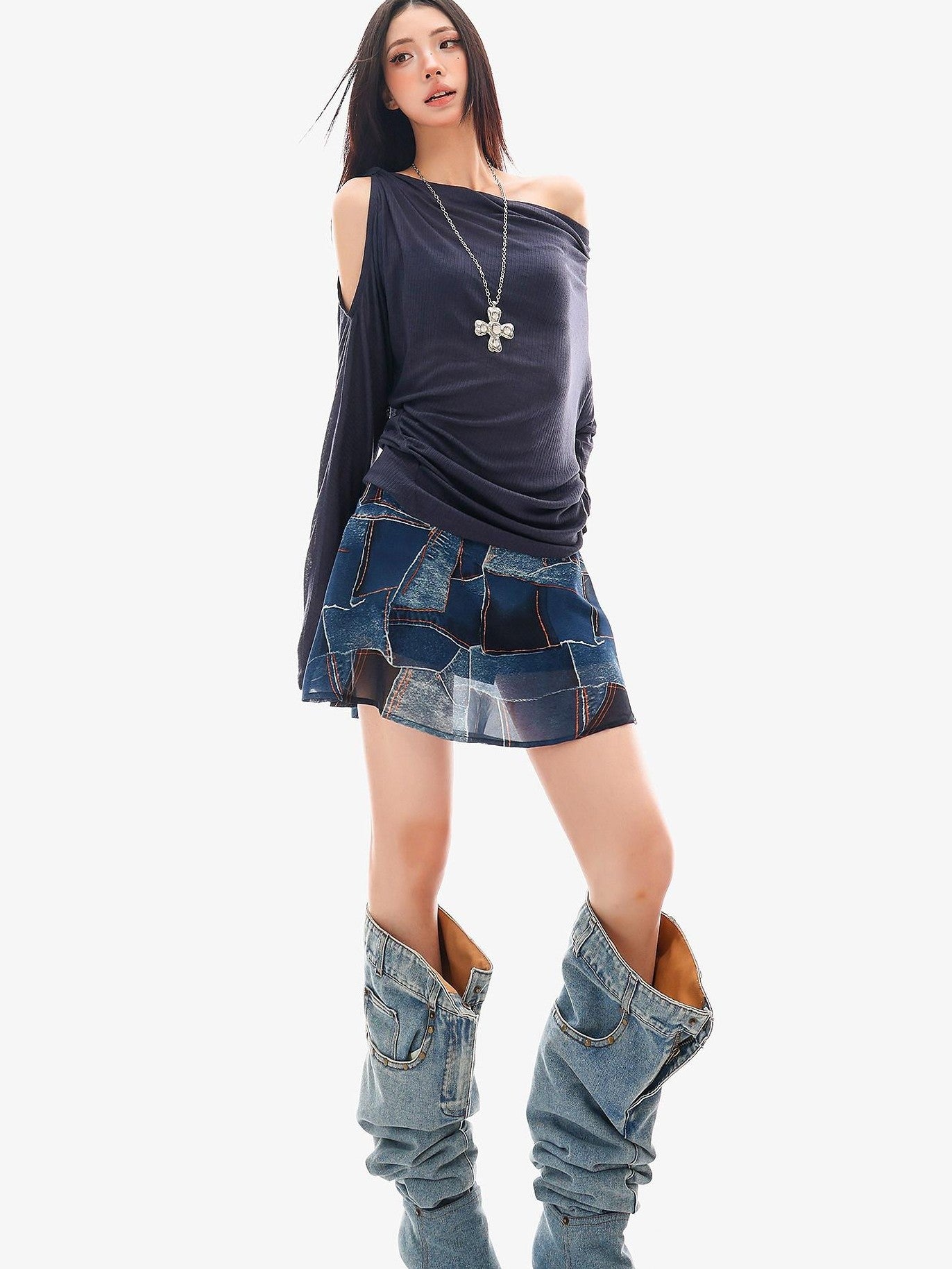 QIUQIU STUDIO Blue Sexy Printed A Line Slimming Mid Waist Lined Women&
