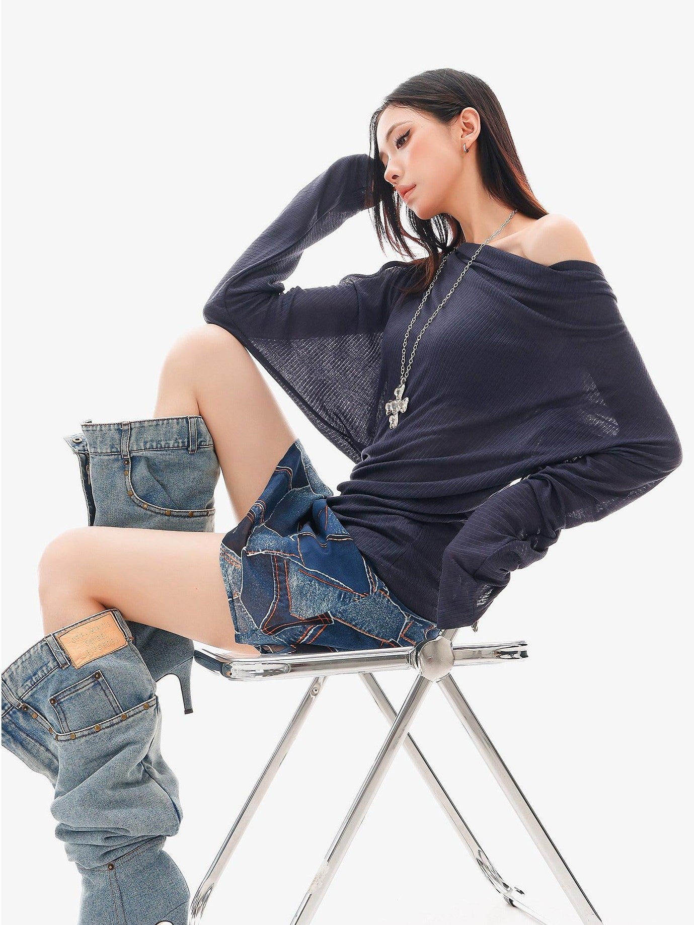 QIUQIU STUDIO Blue Sexy Printed A Line Slimming Mid Waist Lined Women&