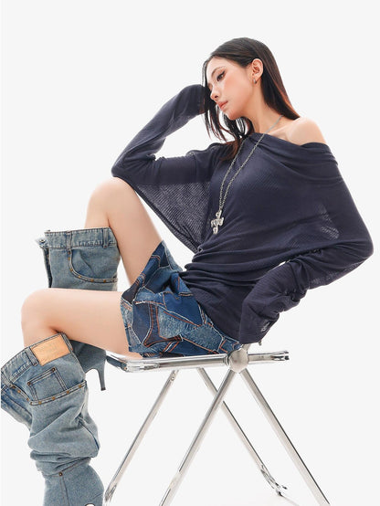 QIUQIU STUDIO Blue Sexy Printed A Line Slimming Mid Waist Lined Women&