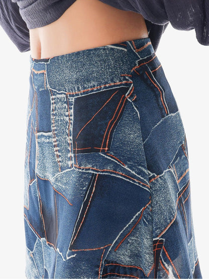QIUQIU STUDIO Blue Sexy Printed A Line Slimming Mid Waist Lined Women&