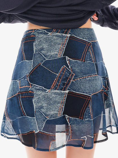 QIUQIU STUDIO Blue Sexy Printed A Line Slimming Mid Waist Lined Women&