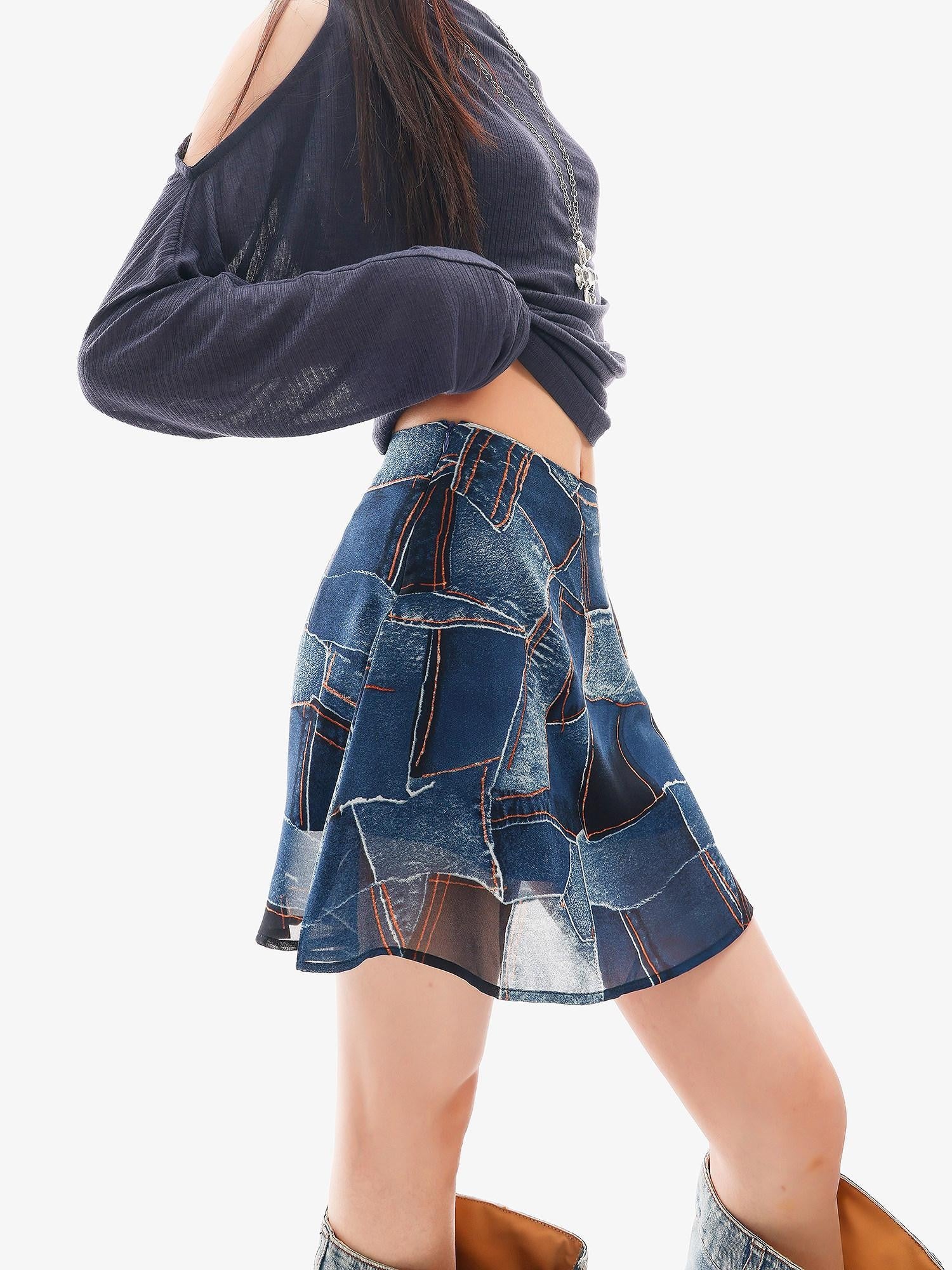 QIUQIU STUDIO Blue Sexy Printed A Line Slimming Mid Waist Lined Women&