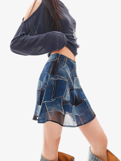 QIUQIU STUDIO Blue Sexy Printed A Line Slimming Mid Waist Lined Women&
