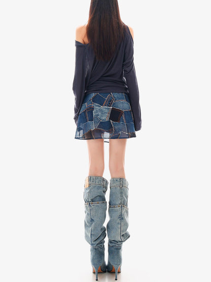 QIUQIU STUDIO Blue Sexy Printed A Line Slimming Mid Waist Lined Women&