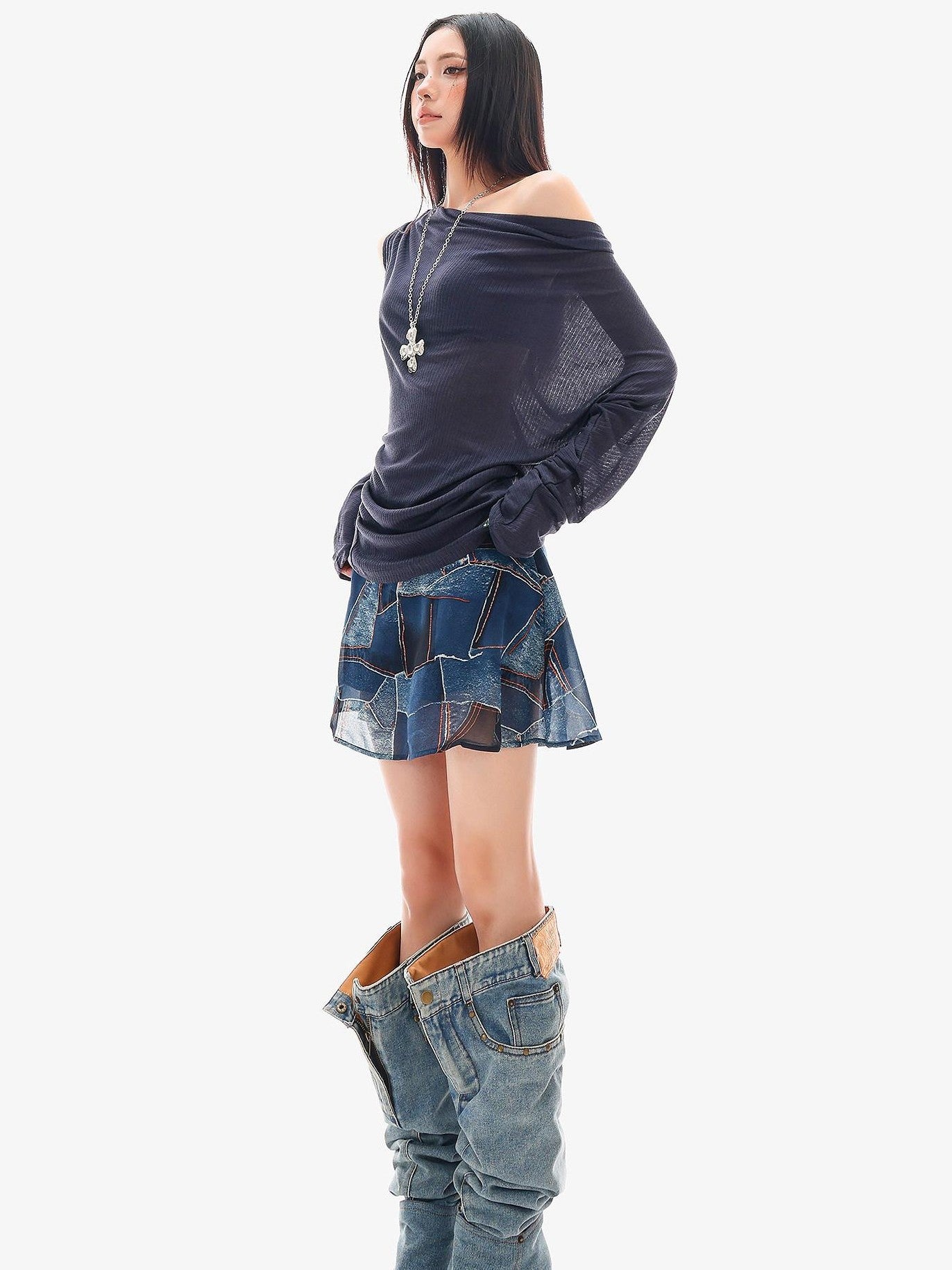 QIUQIU STUDIO Blue Sexy Printed A Line Slimming Mid Waist Lined Women&