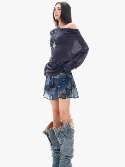 QIUQIU STUDIO Blue Sexy Printed A Line Slimming Mid Waist Lined Women&
