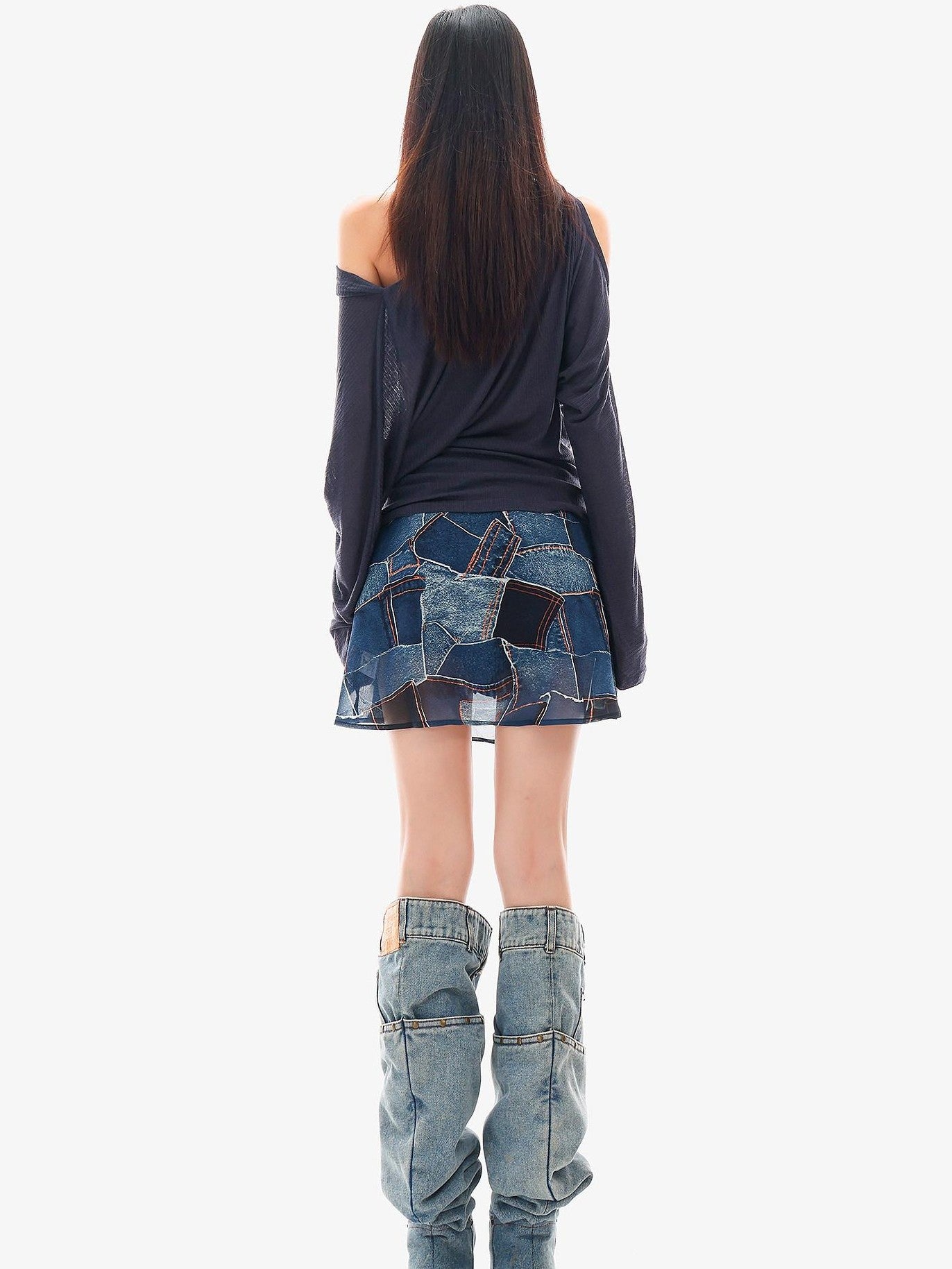 QIUQIU STUDIO Blue Sexy Printed A Line Slimming Mid Waist Lined Women&