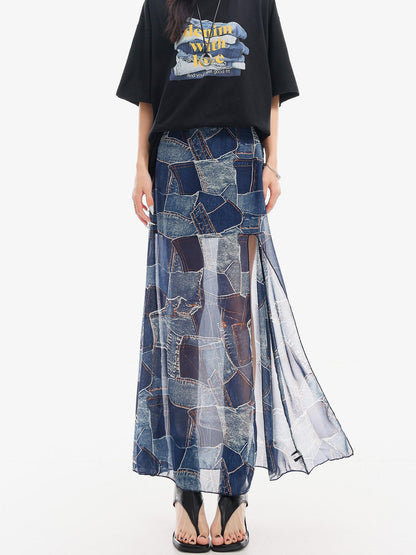 QIUQIU STUDIO Blue Side Slit Elastic Waist Pencil Lined Women&