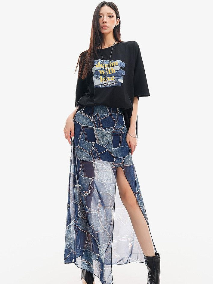 QIUQIU STUDIO Blue Side Slit Elastic Waist Pencil Lined Women&
