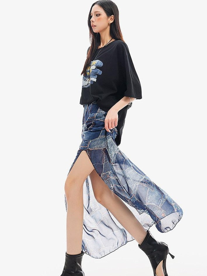 QIUQIU STUDIO Blue Side Slit Elastic Waist Pencil Lined Women&