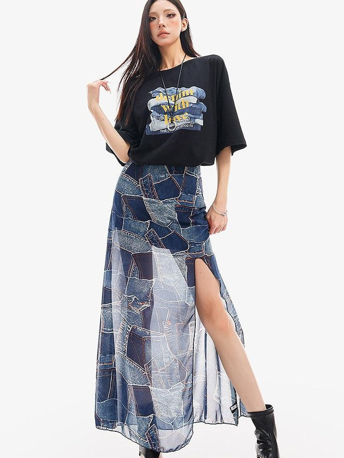 QIUQIU STUDIO Blue Side Slit Elastic Waist Pencil Lined Women&