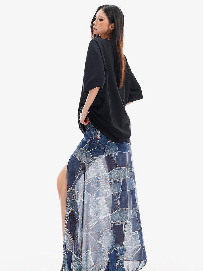 QIUQIU STUDIO Blue Side Slit Elastic Waist Pencil Lined Women&
