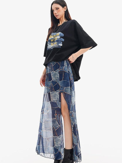 QIUQIU STUDIO Blue Side Slit Elastic Waist Pencil Lined Women&