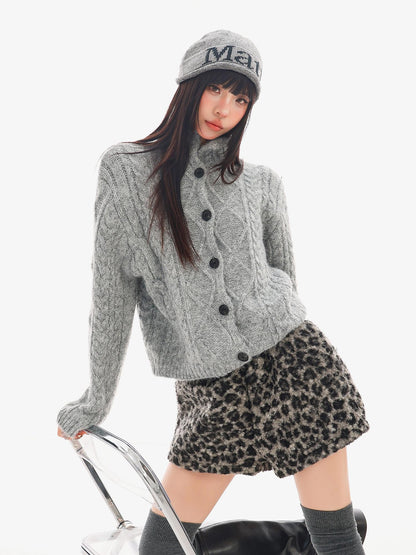 QIUQIU STUDIO Cable Knit Turn Down Collar Loose Fit Women&