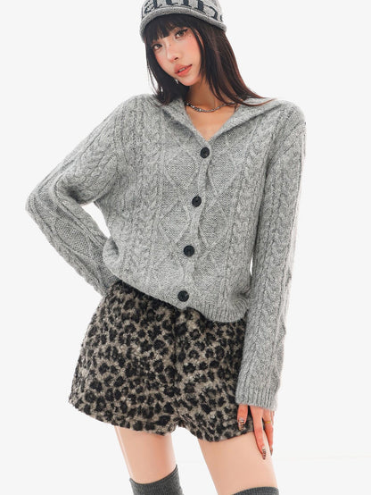 QIUQIU STUDIO Cable Knit Turn Down Collar Loose Fit Women&