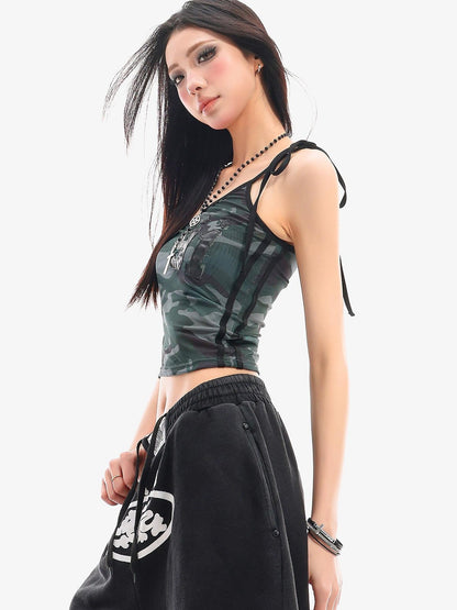 QIUQIU STUDIO Camo Asymmetrical Halter Tie V-neck Slim Waist Letter Print Women&
