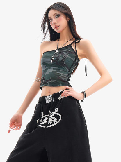 QIUQIU STUDIO Camo Asymmetrical Halter Tie V-neck Slim Waist Letter Print Women&