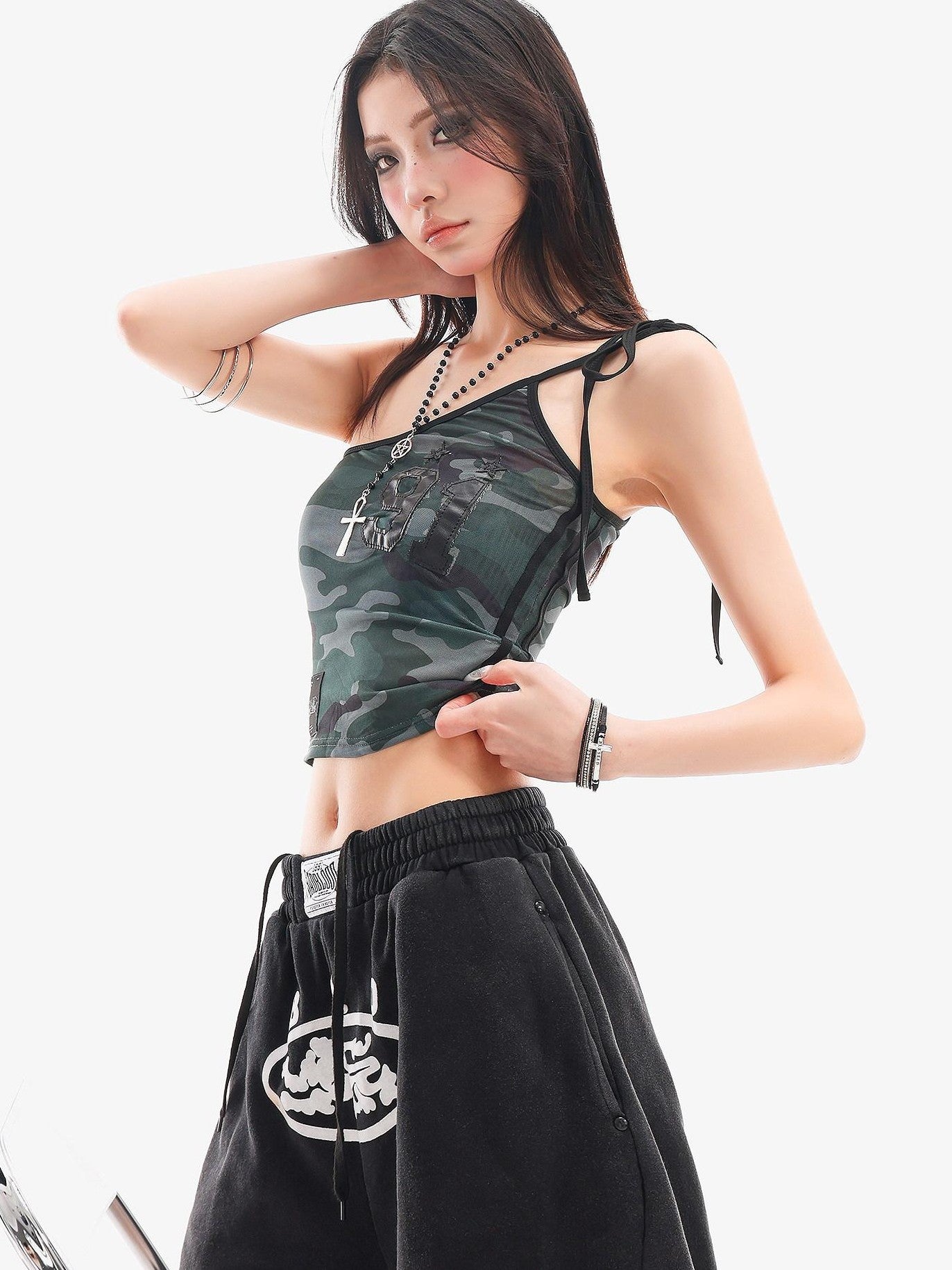 QIUQIU STUDIO Camo Asymmetrical Halter Tie V-neck Slim Waist Letter Print Women&