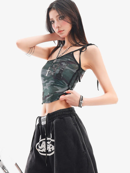 QIUQIU STUDIO Camo Asymmetrical Halter Tie V-neck Slim Waist Letter Print Women&